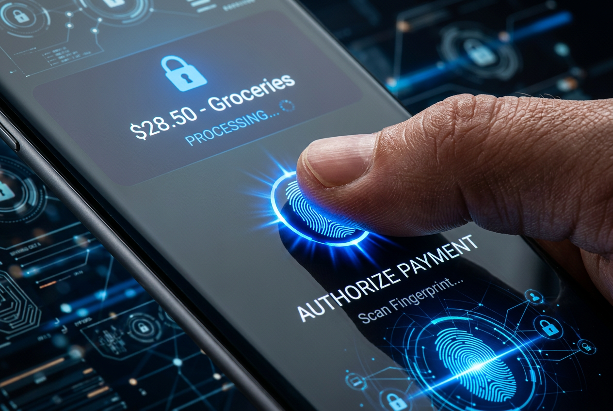 Detailní záběr na biometrické potvrzení platby v aplikaci My Paysafecard