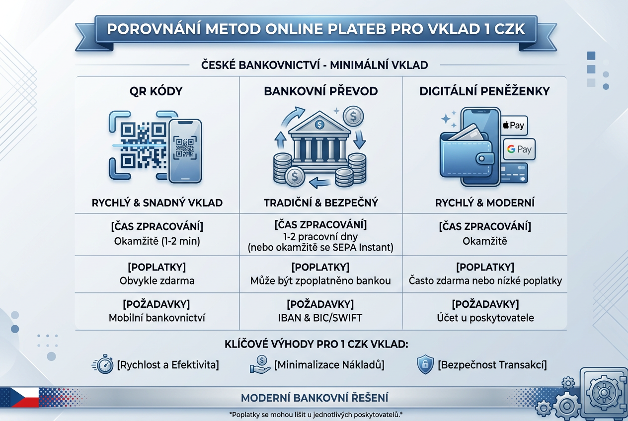 Grafické srovnání platebních metod pro vklady od 1 Kč v českých online casinech