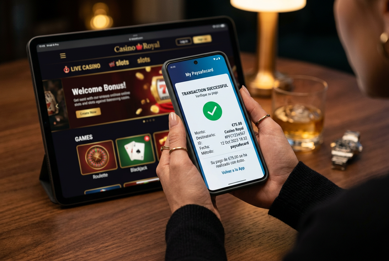 Moderní smartphone s digitální peněženkou My Paysafecard u herního automatu