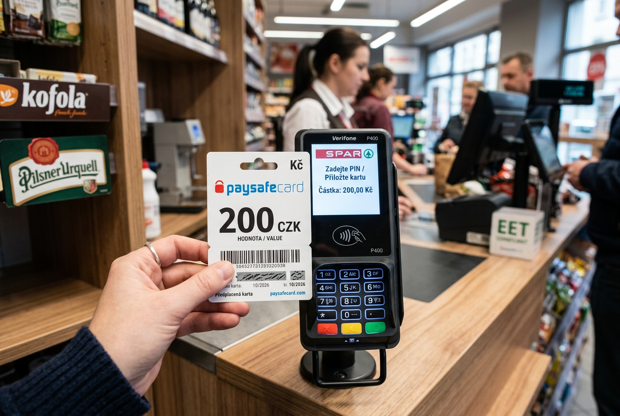 Detailní pohled na Paysafecard kupón v hodnotě 200 Kč u platebního terminálu