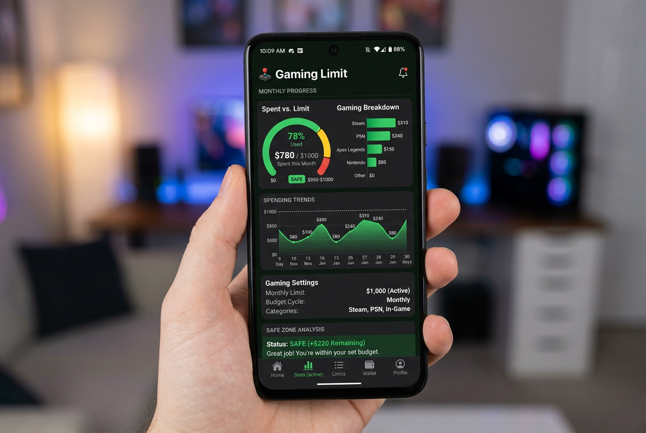 Rozhraní mobilní aplikace se správou bankrollu a limity pro hazardní hry